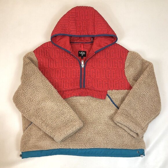 Ugg RTW Mens Sherpa Fleece 1/2 Zip Red Hoodie Hooded Pullover Size Large - Picture 11 of 11